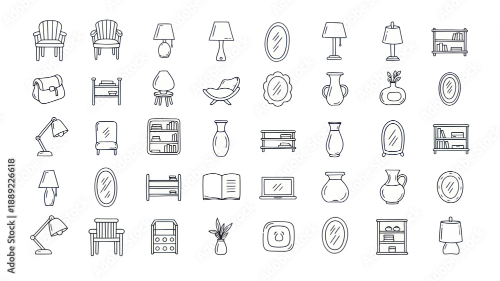 Fototapeta premium Set of Hand-Drawn Furniture and Home Decor Icons - Vector Illustration