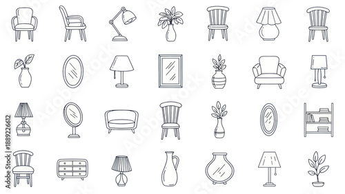 Set of hand-drawn furniture and home decor icons - vector illustration