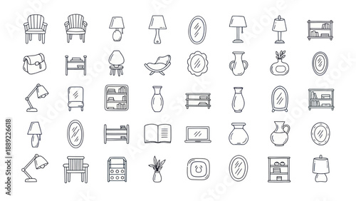 Set of Hand-Drawn Furniture and Home Decor Icons - Vector Illustration