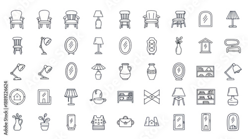 Set of Hand-Drawn Furniture and Home Decor Icons in Sketch Style