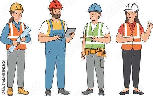 Group of four construction workers and engineers with hard hats and safety vests standing together