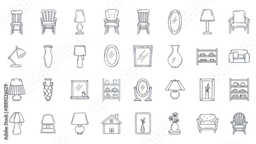 Set of hand-drawn furniture and home decor icons, sketches on white background.
