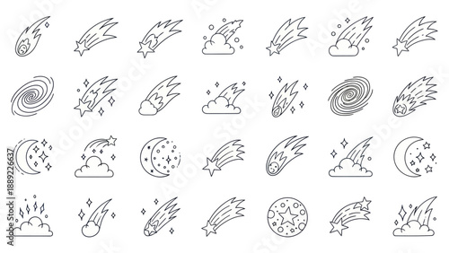 Set of meteor, comet, galaxy and moon icons in doodle style, vector illustration