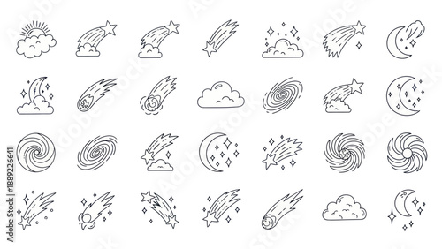 Set of Meteors, Comets, Galaxies, and Moons Icons - Space and Astronomy Vector Illustrations