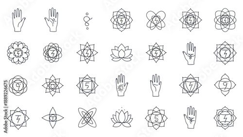 Spiritual Symbols: Chakra Icons, Lotus Flower, Mudra Hands, Sacred Geometry