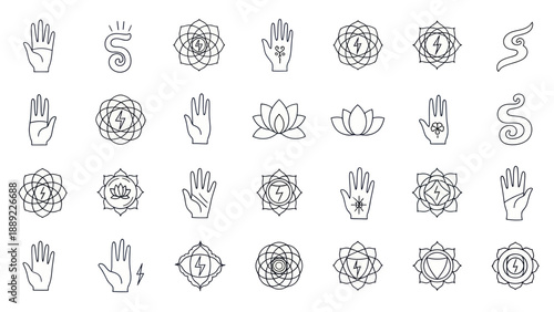 Spiritual Symbols: Hands, Lotus Flowers, Chakras, Energy Icons, Yoga and Meditation