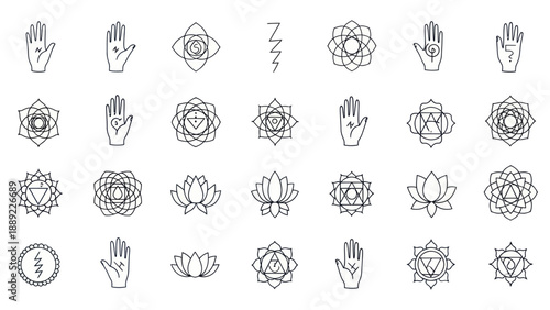 Spiritual Symbols: Hands, Chakras, Lotus Flowers, Sacred Geometry, Lightning