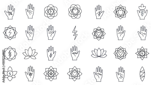 Spiritual Symbols: Hands, Chakras, Lotus Flowers, Geometric Designs