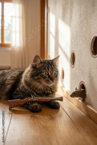 Humorous Animal Standoff with Cat and Mouse Indoors