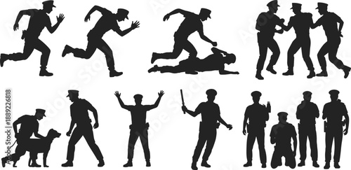Set of ten black vector silhouettes depicting police officers running arresting suspects and standing with dog for law enforcement and security graphic design