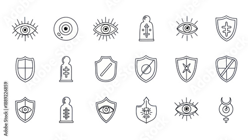 Mystical Protection Symbols: Eyes, Shields, and Amulets Icon Set - Vector Art