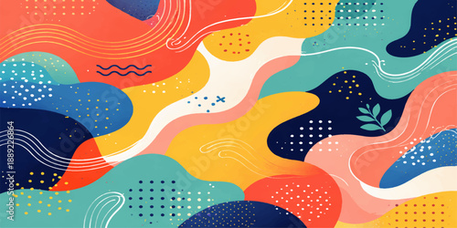 Vector illustration of a seamless abstract pattern featuring colorful birds and fishes amidst blue sea waves and pink summer flowers for nature-inspired wallpaper art