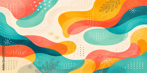 Vibrant abstract rainbow wave illustration featuring colorful wavy lines and a curved summer sea pattern for a decorative orange and blue vector backdrop