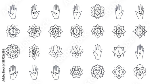 Mystical Symbols and Hand Gestures Icon Set: Yoga, Spirituality, Esoteric, Chakras, Lotus