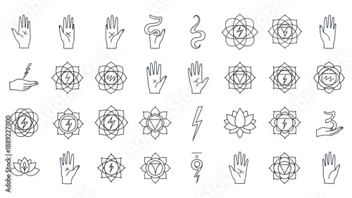 Mystical Symbols: Hands, Chakras, Lotus, Eye, Lightning, Snake Icons Set