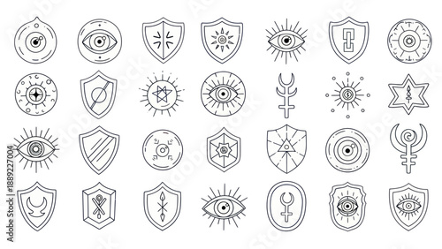 Mystical Symbols: Eyes, Shields, Celestial Ornaments - Hand Drawn Icons Set