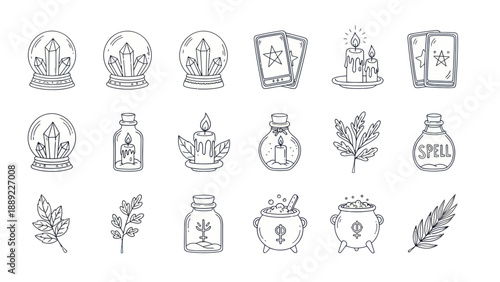 Mystical Symbols: Crystal Ball, Candles, Potion Bottles, Herbs, Cauldron, Feather