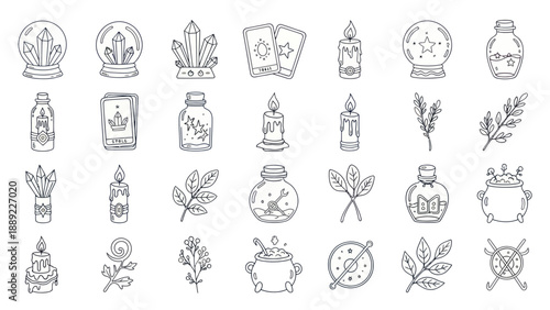 Mystical Symbols Set: Crystal Ball, Candles, Herbs, Potions, Tarot Cards, Witchcraft Icons