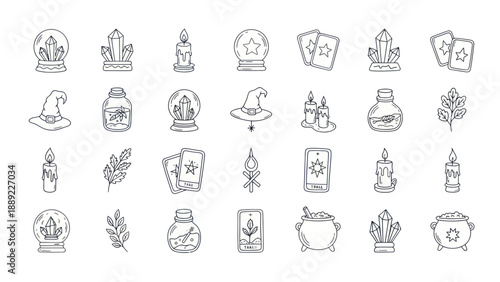 Mystical Symbols Set: Witchcraft, Magic, Fortune Telling Icons - Crystal Ball, Tarot, Potion