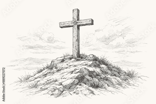 Christian Cross on Hill Sketch Illustration