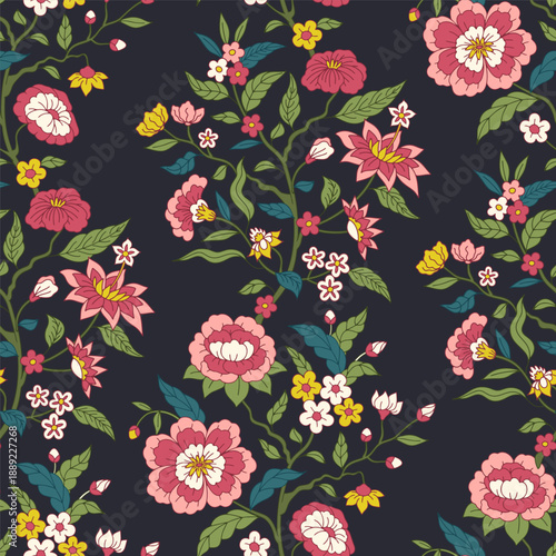 Fotografi Seamless Jacobean pattern with hand drawn pink and yellow flowers and leaves on
