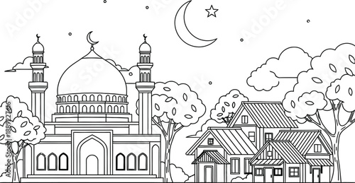 Black and white illustration of a mosque isolated on transparent background