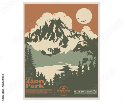 Zion nation park adventure artwork for apparel, sticker, batch, background, poster and others. Say yes to adventure design. Explore the mountains.