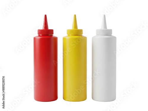 Three condiment bottles ketchup mustard and mayonnaise on transparent background