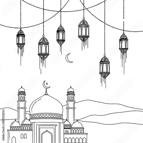 Black and white illustration of a mosque with hanging lanterns isolated on transparent background