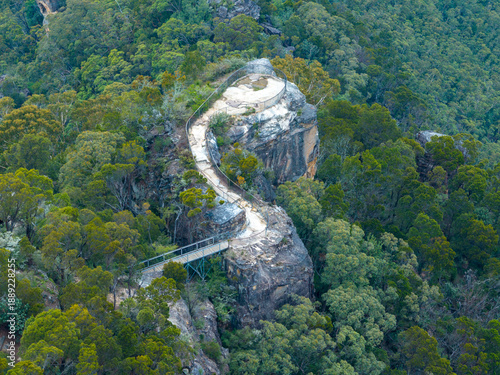 Drone aerial photograph of the walking track and lookout at Sublime Point which overlooks the Jamison Valley in the town of Leura in the Blue Mountains in New South Wales, Australia.