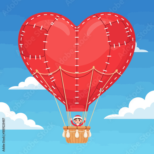 A charming red heart-shaped hot air balloon with a small figure in the basket, floating in a blue sky with white clouds.