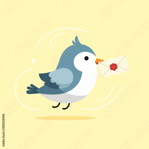 A cute cartoon blue bird with a white belly flying and carrying a sealed letter with a red wax stamp in its beak on a light yellow background.