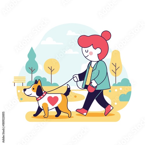 Flat illustration of a person walking a small dog with a heart on its side in a sunny park.