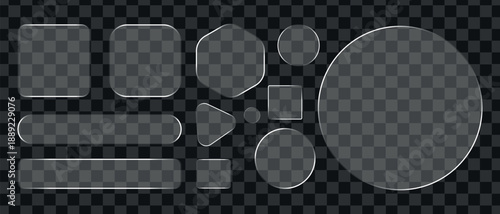 Glassmorphism UI element set with transparent frosted glass frames, buttons and shapes on dark background, 3D illustration