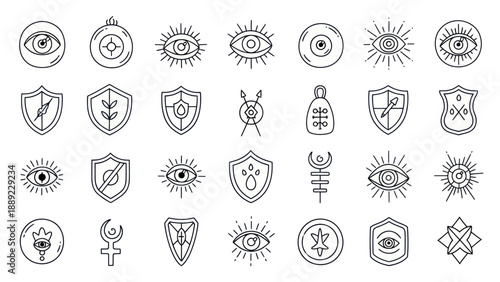Mystic Symbols Collection: Eyes, Shields, Alchemy Icons - Line Art