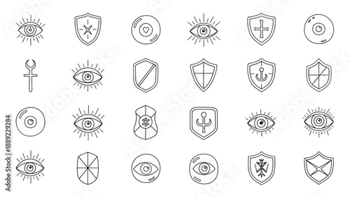 Mystic Symbols Icon Set: Eye, Shield, Anchor, Ankh, Heart - Outline Vector Graphics