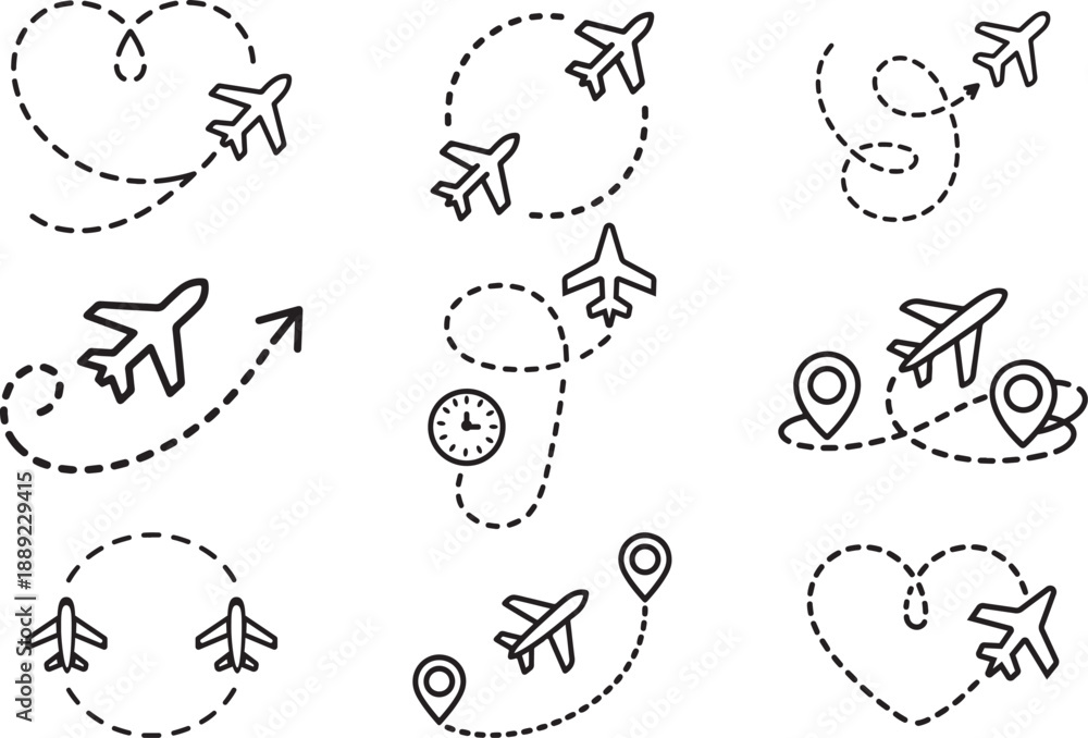 Obraz premium Airplane and Flight Path Line Doodle Set – Travel, Route & Navigation Illustration