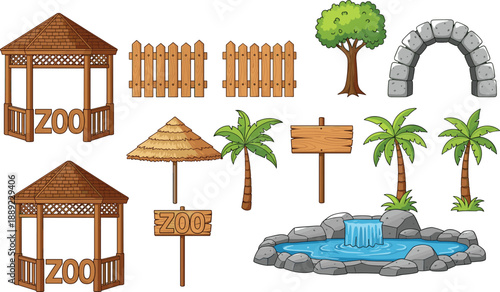 Cartoon zoo and park elements including gazebos, trees, fences, signs, palm trees, fountain, and decorative structures