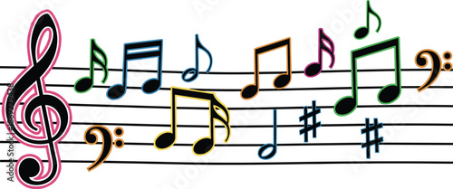 Colorful musical notation illustration with treble and bass clefs, vibrant notes, and sharp symbols on five-line staff.
