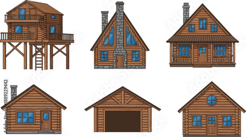 Collection of six unique wooden cabin designs including A-frame, stilted, log, and garage-style architecture for rural housing inspiration