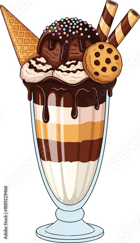 Decorative ice cream sundae in tall glass with layered flavors, toppings, whipped cream, sprinkles, and indulgent dessert presentation