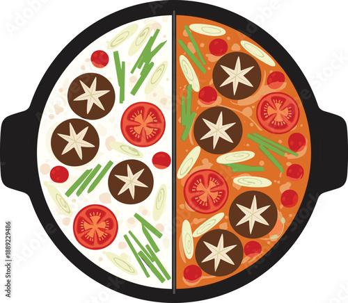 Dual-flavor hot pot with spicy and mild broth, mushrooms, tomatoes, chili peppers, and green onions in symmetrical presentation