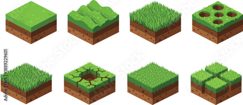 Isometric grassy terrain blocks set with varied textures and features for game design, environment creation, and simulation assets