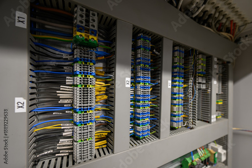 Bild auf Leinwand A terminal block with wires on a DIN rail in an electrical cabinet