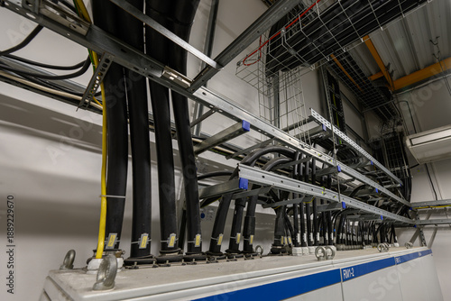 Cable wiring on a tray in a substation.