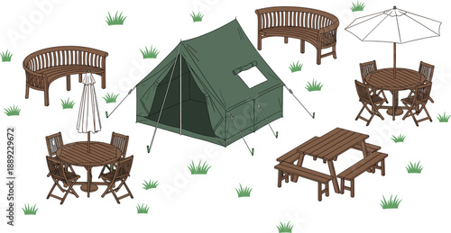Outdoor camping scene with green tent, picnic tables, benches, and umbrellas in vector illustration for leisure and recreation design