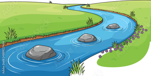Peaceful river landscape with rocks, grassy banks, and purple flowers, ideal for nature themes and outdoor visuals.