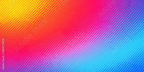 Abstract colorful rainbow background design featuring a halftone dot pattern and digital wave shapes with artistic blue and yellow vector elements on a vibrant textured wallpaper backdrop