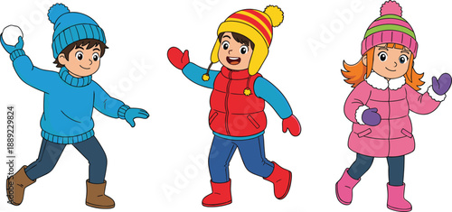 Three cartoon children in colorful winter clothes playing outdoors, perfect for seasonal fun, kids activities, and holiday design themes.