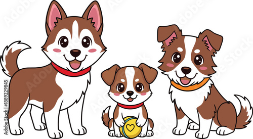 Three cartoon dogs with happy expressions and playful poses, ideal for pet-themed designs, children’s media, and friendly branding